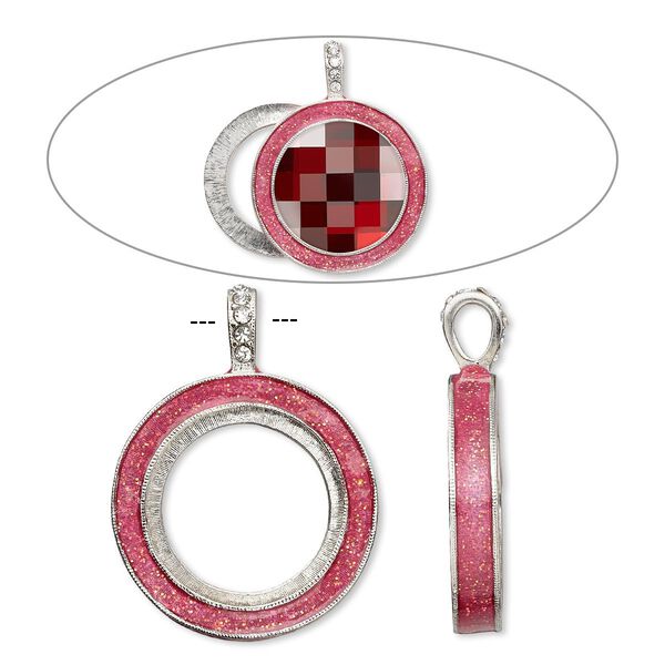 Pendant, Almost Instant Jewelry®, epoxy / crystals / imitation rhodium-finished "pewter" (zinc-based alloy), rose pink and crystal clear with glitter, 45x35mm single-sided with 30mm round setting. Sold individually. image number 0