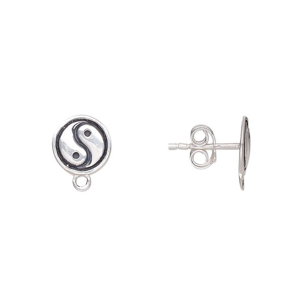Earstud 1pkg2 sterling silver, 9mm round / closed loop / earnuts, antiqued 1 pair image number 0