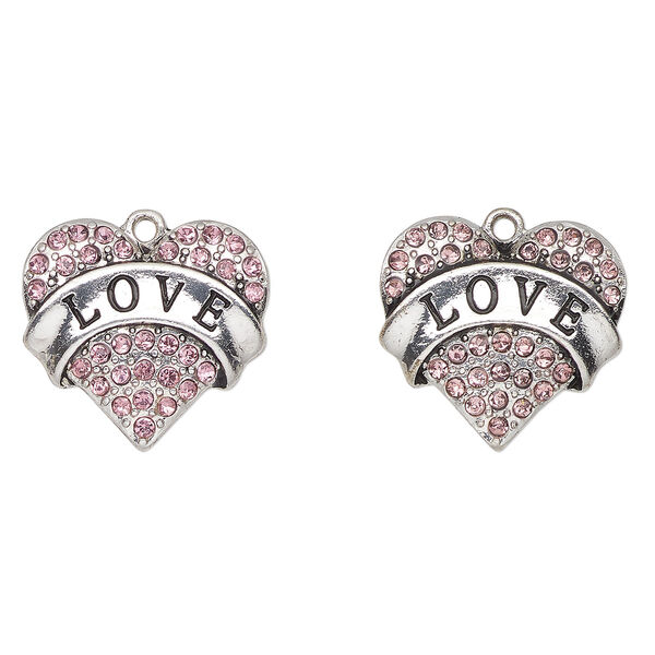Charm, antique silver-finished enamel "pewter" (zinc-based alloy) and glass, pink and black, 24x23mm heart with "Love". Sold per pkg of 2. image number 0