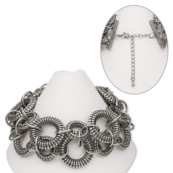 Bracelet, antique silver-finished brass / steel / "pewter" (zinc-based alloy), 39mm wide with circles, 6-1/2 inches with 2-1/2 inch extender chain and lobster claw clasp. Sold individually. image number 0