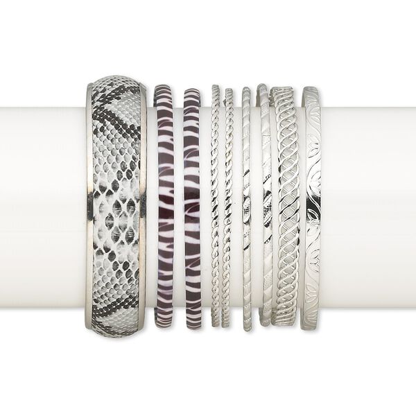 Bracelet mix, bangle, imitation leather and imitation rhodium-plated steel, 2-17mm wide with mixed design, 2-1/2 to 2-3/4 inch inside diameter. Sold per pkg of 9. image number 0