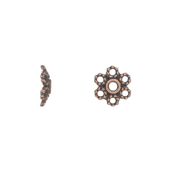 Bead cap, antique copper-plated "pewter" (zinc-based alloy), 10x3mm flower, fits 10-14mm bead. Sold per pkg of 50. image number 0