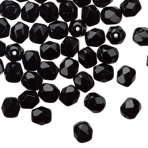 Bead 1pkg1 Czech fire-polished glass, 6mm faceted round, 1 mass opaque jet black image number 0