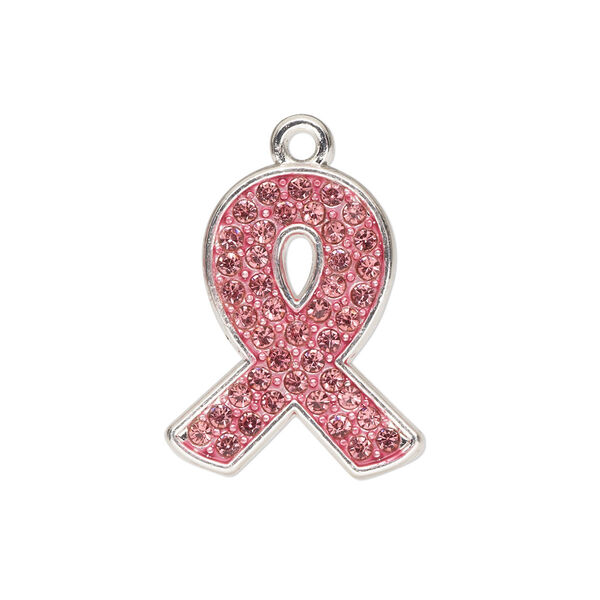 Charm, glass rhinestone / enamel / silver-finished "pewter" (zinc-based alloy), pink, 23x19mm single-sided awareness ribbon. Sold individually. image number 0