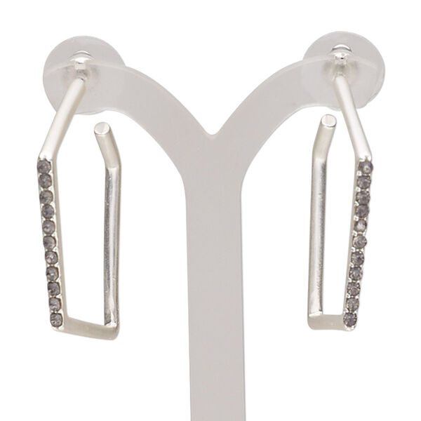 Earring, glass rhinestone with silver-plated steel and "pewter" (zinc-based alloy), black, 1-1/2 inches square hoop. Sold per pair. image number 0