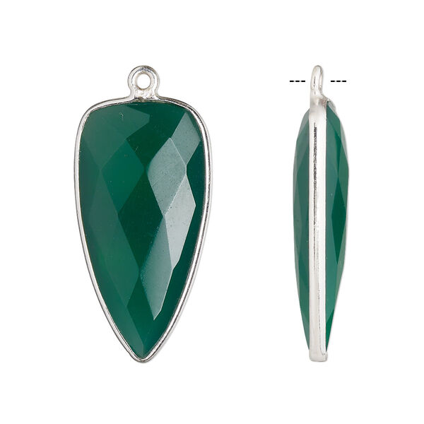 Drop, green onyx (dyed) and sterling silver, green, 27x14mm-28x15mm hand-cut double-sided faceted dagger. Sold individually. image number 0