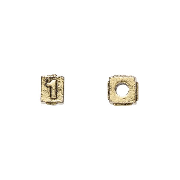 Bead, antique gold-plated pewter (tin-based alloy), 8x6mm rectangle with number "1." Sold per pkg of 4. image number 0