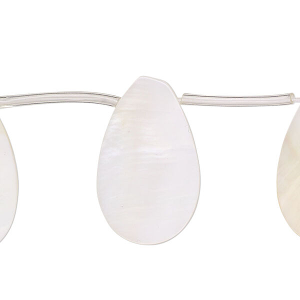 Bead, mother-of-pearl shell (bleached), white, 25x6mm-25x10mm top-drilled flat teardrop, Mohs hardness 3-1/2. Sold per 13-inch strand, approximately 15 beads. image number 0
