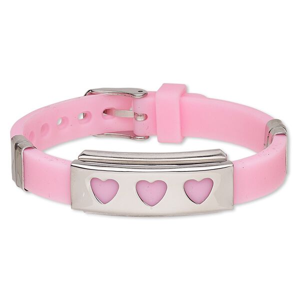 Bracelet, Softique™, silicone and stainless steel, pink, 16mm wide with 39x16mm rectangle and heart cutouts, adjustable from 5-1/2 to 7-1/2 inches with buckle-style closure. Sold individually. image number 0