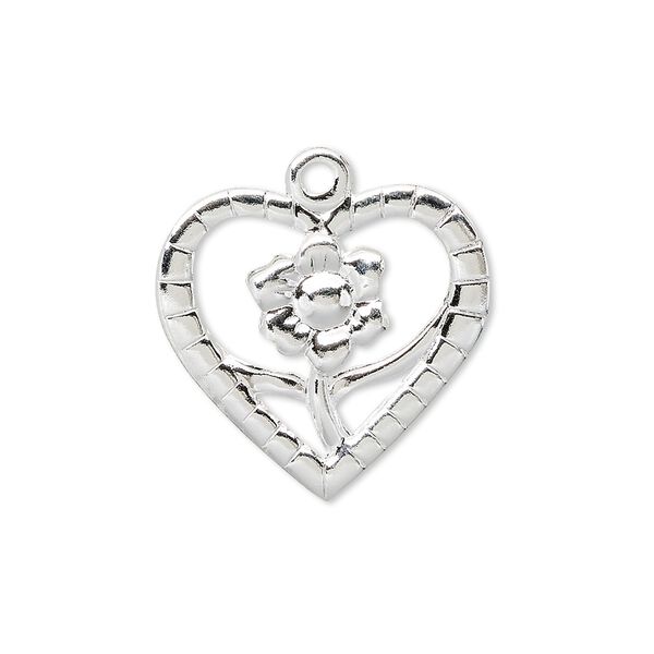 Charm, silver-plated brass, 23x21mm heart with flower. Sold per pkg of 10. image number 0