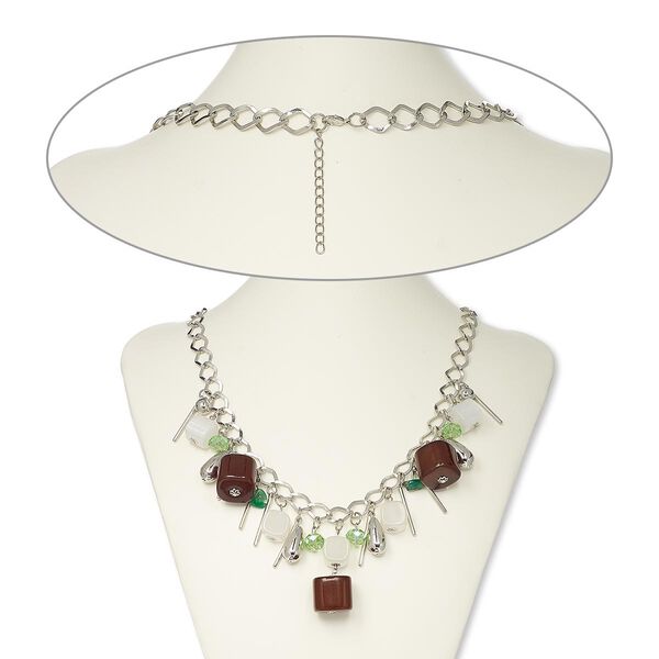 Necklace, glass / plastic / silver-coated plastic / imitation rhodium-finished steel / brass, brown / green / white, cube, 22 inches with 2-inch extender chain and lobster claw clasp. Sold individually. image number 0
