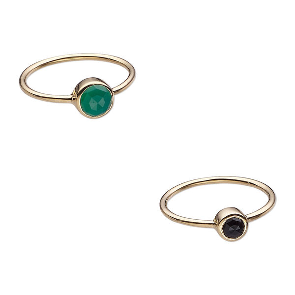 Ring, black onyx / green onyx (dyed) / gold-finished sterling silver, 6mm and 7mm wide, size 8. Sold per 2-piece set. image number 0