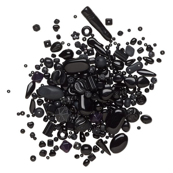 Bead mix, Czech pressed glass, opaque black, 5x4-35x8mm mixed shapes. Sold per 4-ounce pkg, approximately 455 beads. image number 0