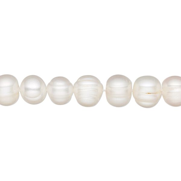 Pearl, cultured freshwater (bleached), white, 7-8mm semi-round, C grade, Mohs hardness 2-1/2 to 4. Sold per 16-inch strand. image number 0