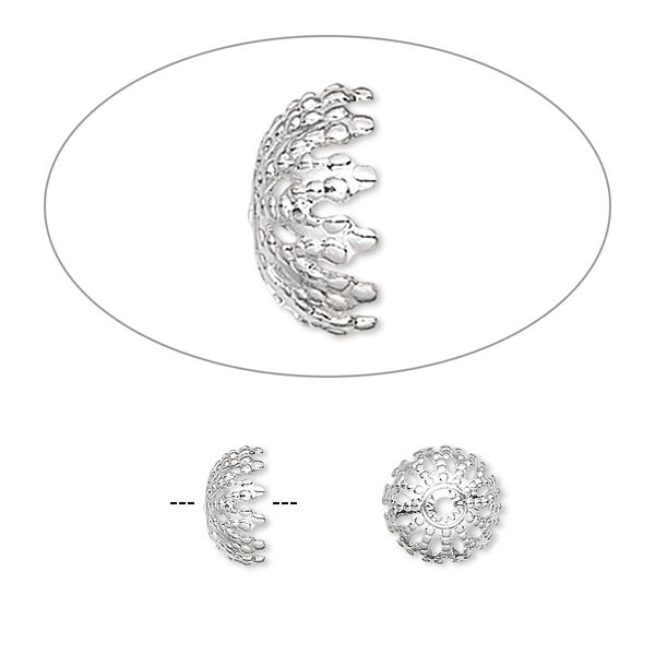 Bead cap, silver-plated brass, 8x4mm fancy round, fits 8-10mm bead. Sold per pkg of 100. image number 0