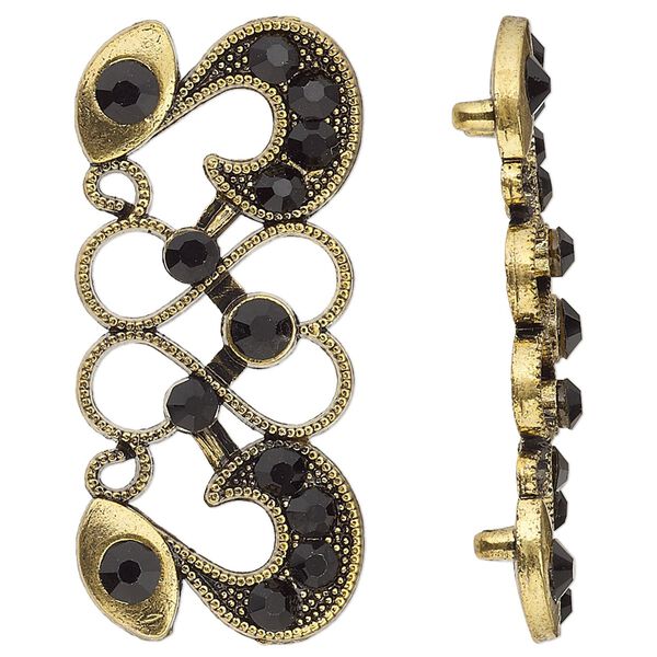 Spacer, antiqued gold-finished "pewter" (zinc-based alloy) and Czech glass rhinestone, black, 40x19mm 2-strand fancy rectangle with heart and swirl design. Sold per pkg of 4. image number 0