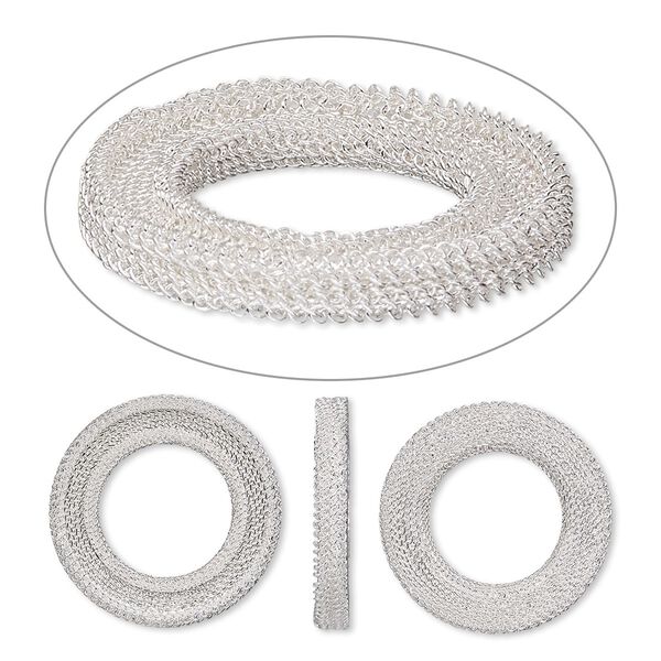 Component, silver-plated brass, 28mm two-sided round mesh donut with 2.5mm channel and flat back. Sold per pkg of 2. image number 0