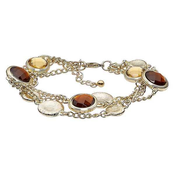 Bracelet, acrylic with gold-finished steel and "pewter" (zinc-based alloy), gold and amber brown, 6-1/2 inches with 1-1/2 inch extender chain and lobster claw clasp. Sold individually. image number 0