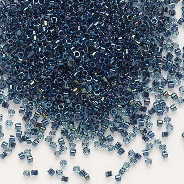 Seed bead, Delica®, glass, pkg/7.5g, #11 round, translucent midnight blue-lined luster aqua (DB-0286). image number 0