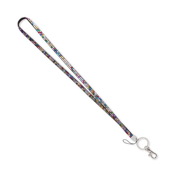 Lanyard, faux suede / acrylic rhinestone / silver- / nickel-plated "pewter" (zinc-based alloy), multicolored, 8mm wide, 34 inches with lobster claw clasp. Sold individually. image number 0