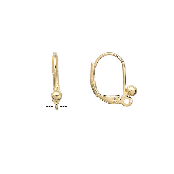 Ear wire leverback 1pkg10 gold-plated, 16mm / 3mm ball / closed loop, brass 5 pair image number 0