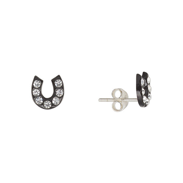Earstud, Create Compliments®, sterling silver and crystal, black and clear, 8mm horseshoe. Sold per pair. image number 0