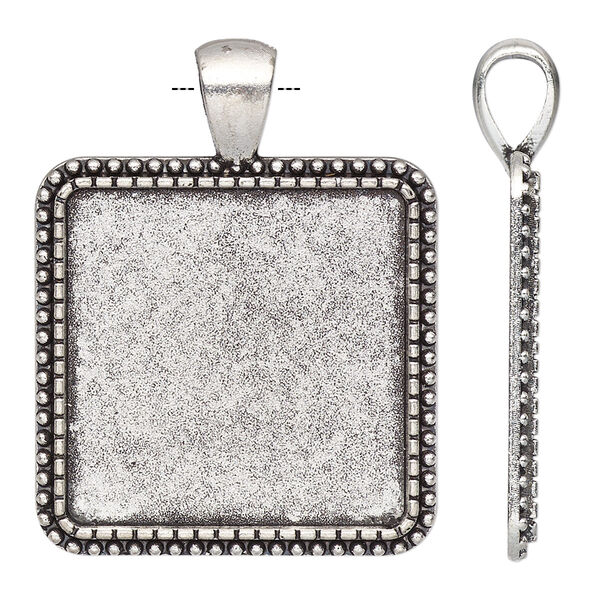 Pendant, antique silver-finished "pewter" (zinc-based alloy), 38x30mm single-sided square with beaded design and 25mm non-calibrated square setting. Sold individually. image number 0