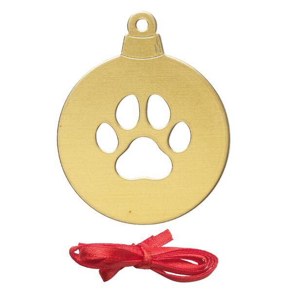 Ornament, ImpressArt®, brass and polyester, 2-1/2 x2 inch ball with cutout paw print with ribbon. Sold per pkg of 2. image number 0