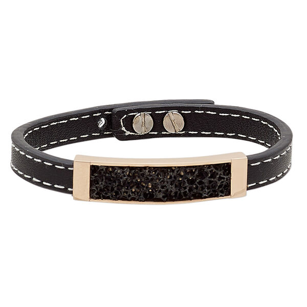 Bracelet, leather (dyed) / stainless steel / black-plated / rose gold-finished brass, black and white, 11mm wide with textured design and 45x11mm curved rectangle, adjustable at 6-1/2 and 7 inches with two-hole button stud closure. Sold individually. image number 0
