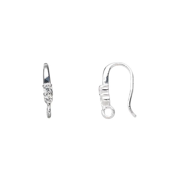 Ear wire, cubic zirconia and sterling silver, clear, 14mm fishhook with 2mm faceted round and closed loop, 20 gauge. Sold per pair. image number 0
