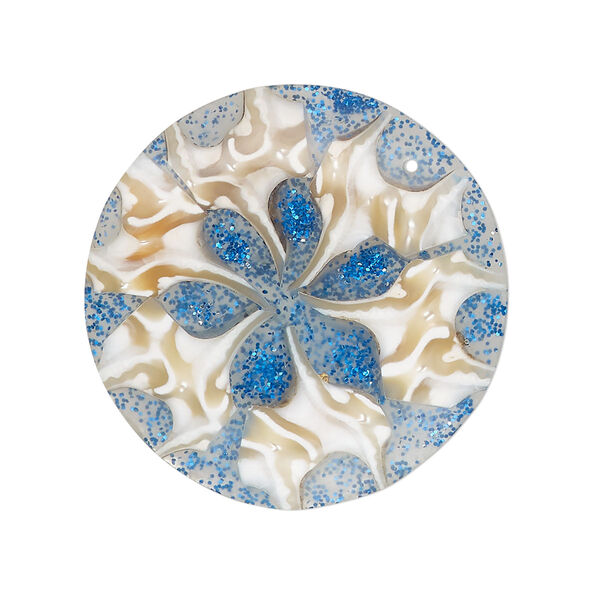 Focal, pyram top shell (assembled), blue and white, 30mm top-drilled round with flower, Mohs hardness 3-1/2. Sold individually. image number 0