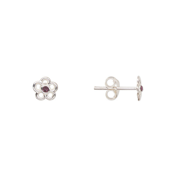 Earstud, Create Compliments®, sterling silver and crystal, amethyst, 6mm flower. Sold per pair. image number 0