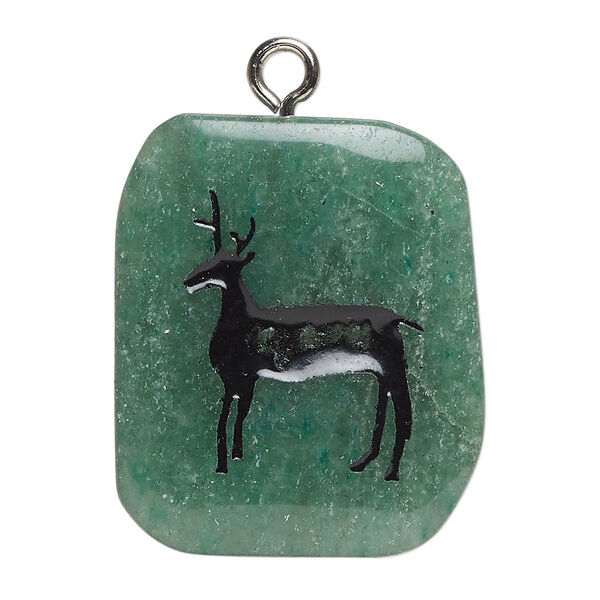 Drop 1pkg1 green aventurine / enamel / steel, 28x23-38x28mm single-sided freeform rectangle / deer B grade, natural / silver finish image number 0