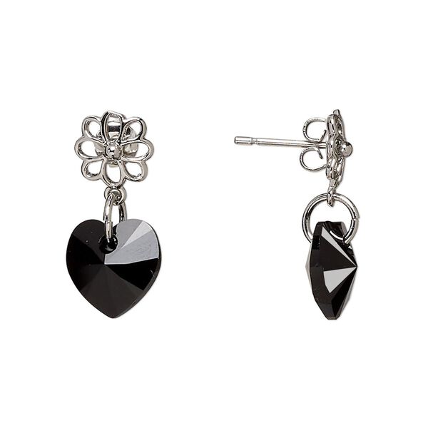 Earstud, Everyday Jewelry™, Crystal Passions® and silver-plated "pewter", jet, 21mm with flower and heart. Sold per pair. image number 0