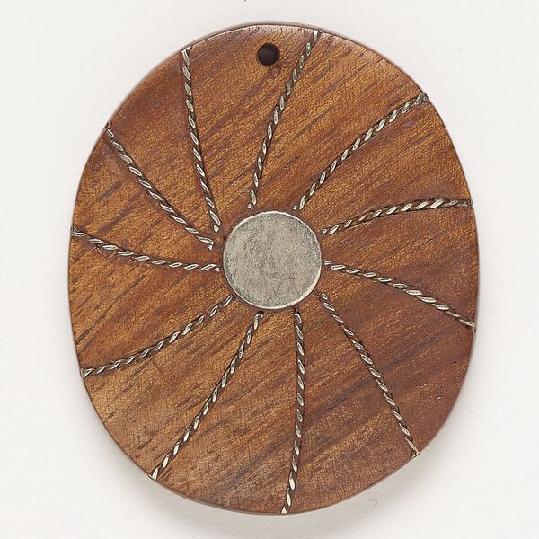 Focal, copper and wood (dyed), pkg/1, 48x38mm-49x41mm top-drilled flat oval with twisted wire inlay and flat back, antique silver finish. image number 0