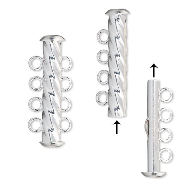 Clasp, 4-strand slide lock, silver-plated brass, 26x6mm corrugated round tube. Sold per pkg of 4. image number 0