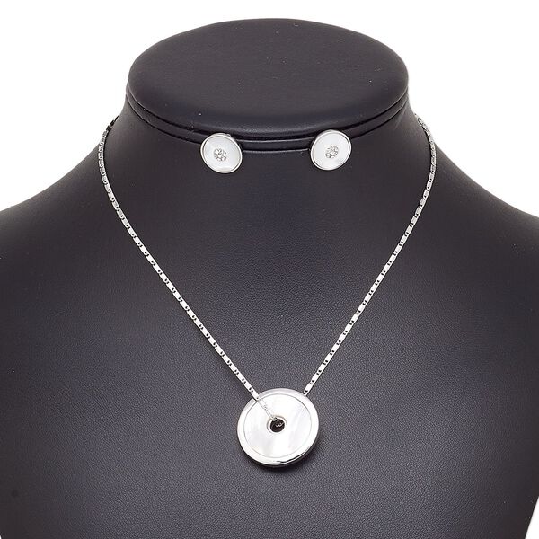 Necklace and earring set, black lip shell (natural) / glass rhinestone / stainless steel / imitation rhodium-plated brass / steel / "pewter" (zinc-based alloy), clear, 26mm round donut, 15" to 16" necklace with 2-inch extender chain and lobster claw clasp, 14mm round with post. Sold per set. image number 0