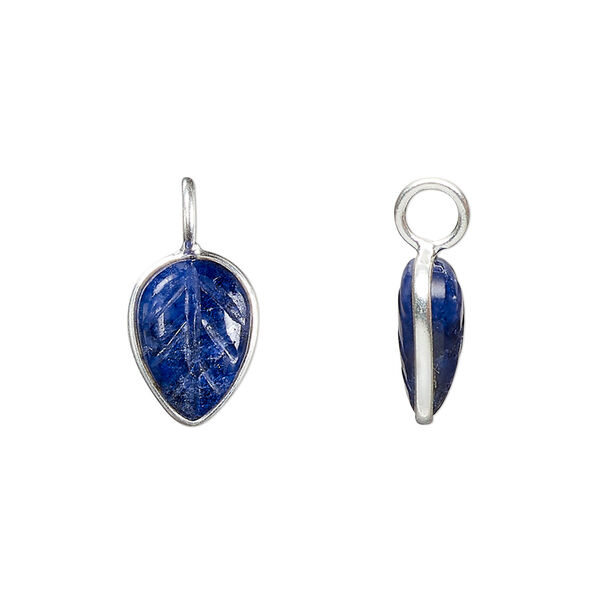 Drop, sterling silver and sapphire (heated), 14x9.5mm carved leaf. Sold individually. image number 0
