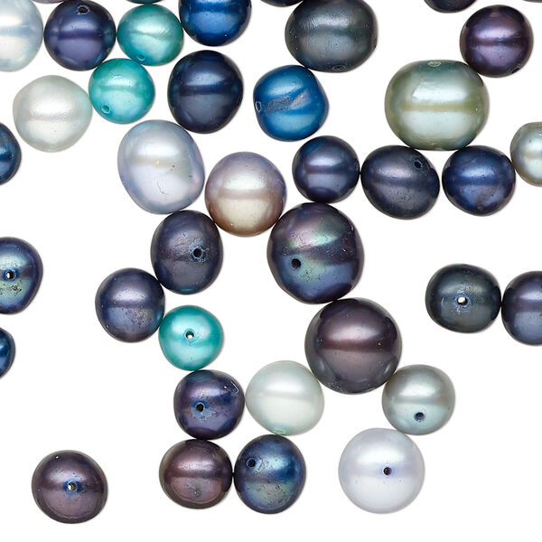 Pearl mix, cultured freshwater pearl (dyed), multi-blue, 4mm-14x12mm semi-round, Mohs hardness 2-1/2 to 4. Sold per 2-ounce pkg, approximately 155 beads. image number 0