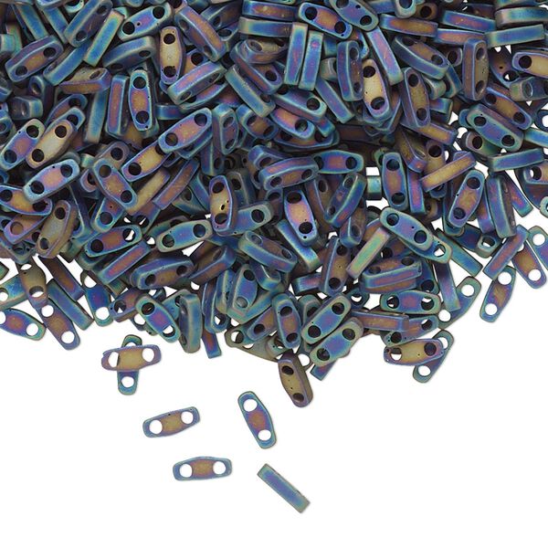 Seed bead, TILA®, glass, pkg/5g, 5x1.2mm quarter tila rectangle, opaque matte rainbow black, (QTL-401FR). image number 0