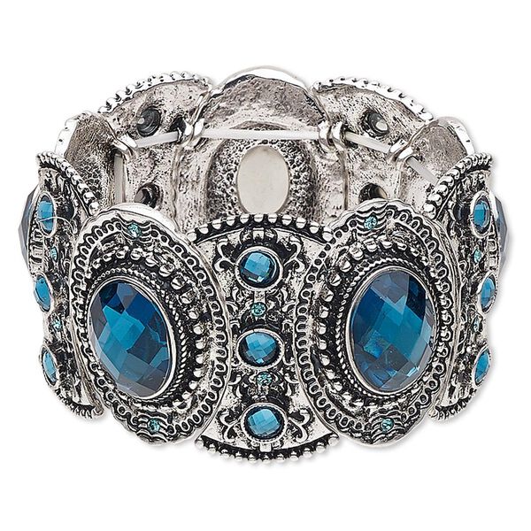 Bracelet, stretch, acrylic and antique silver-finished "pewter" (zinc-based alloy), blue, 38mm wide with oval design, 6 inches. Sold individually. image number 0