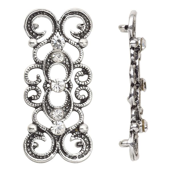 Spacer, antique silver-plated "pewter" (zinc-based alloy) and Czech glass rhinestone, clear, 39x16mm 2-strand fancy rectangle. Sold per pkg of 4. image number 0