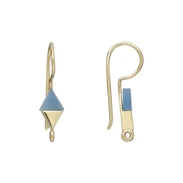 Ear wire, blue chalcedony (dyed) and gold-finished sterling silver, 24mm fishhook with 10x6mm hand-cut diamond and closed loop, 19 gauge. Sold per pair. image number 0