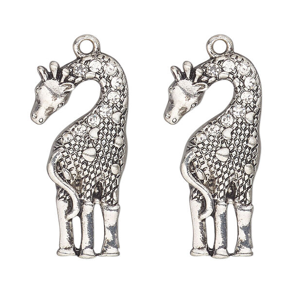 Focal, antique silver-finished "pewter" (zinc-based alloy) and glass, clear, 31x15mm single-sided giraffe. Sold per pkg of 2. image number 0
