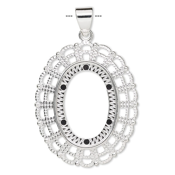Pendant, silver-plated "pewter" (zinc-based alloy), 38x32mm fancy oval with 25x18mm oval setting. Sold per pkg of 4. image number 0