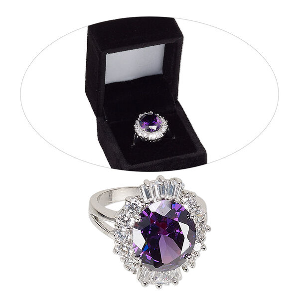 Ring, cubic zirconia and rhodium-finished brass, tanzanite purple and clear, 22mm fancy oval, size 8. Sold individually. image number 0