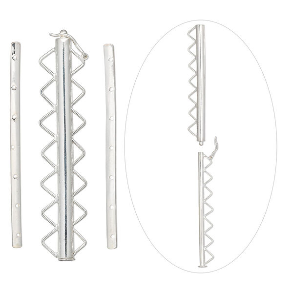 Clasp, 7-strand slide lock, sterling silver, 45x3mm round tube with 2 spacer bars. Sold per 3-piece set. image number 0