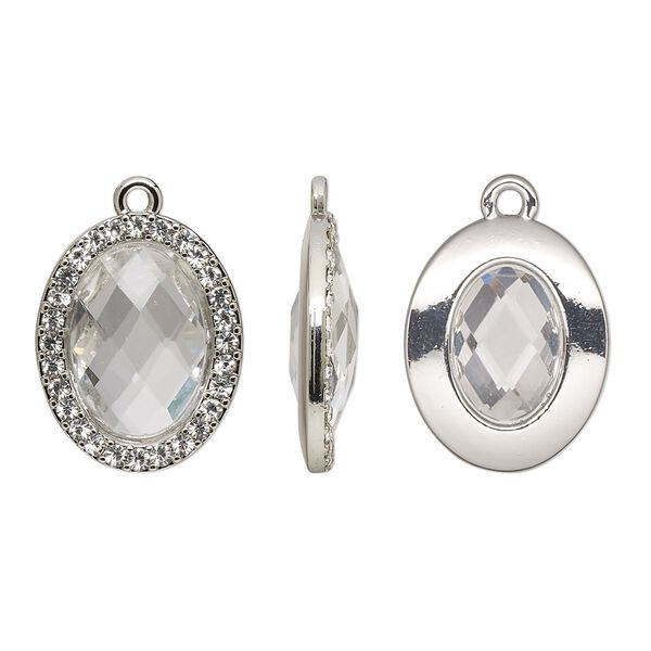 Drop, glass / glass rhinestone / imitation rhodium-finished "pewter" (zinc-based alloy), transparent clear, 23.5x19mm single-sided oval. Sold per pkg of 2. image number 0