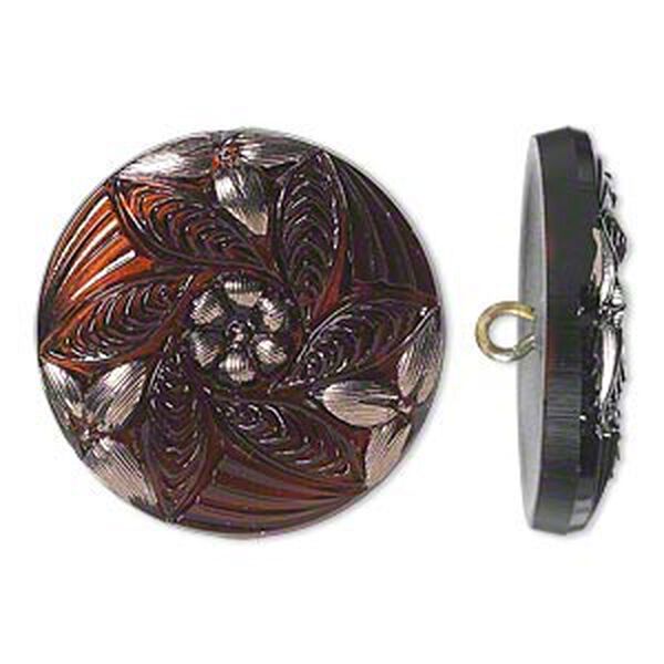 Button, Czech glass and brass, brown and silver, 27mm round with flower design. Sold individually. image number 0