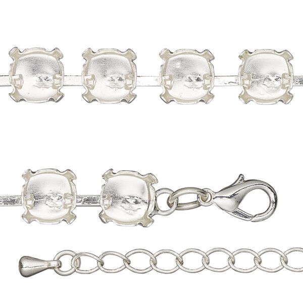 Necklace component, silver-finished brass and steel, 8mm wide cupchain with (34) SS39 settings, 16 inches with 3-inch extender chain and lobster claw clasp. Sold individually. image number 0